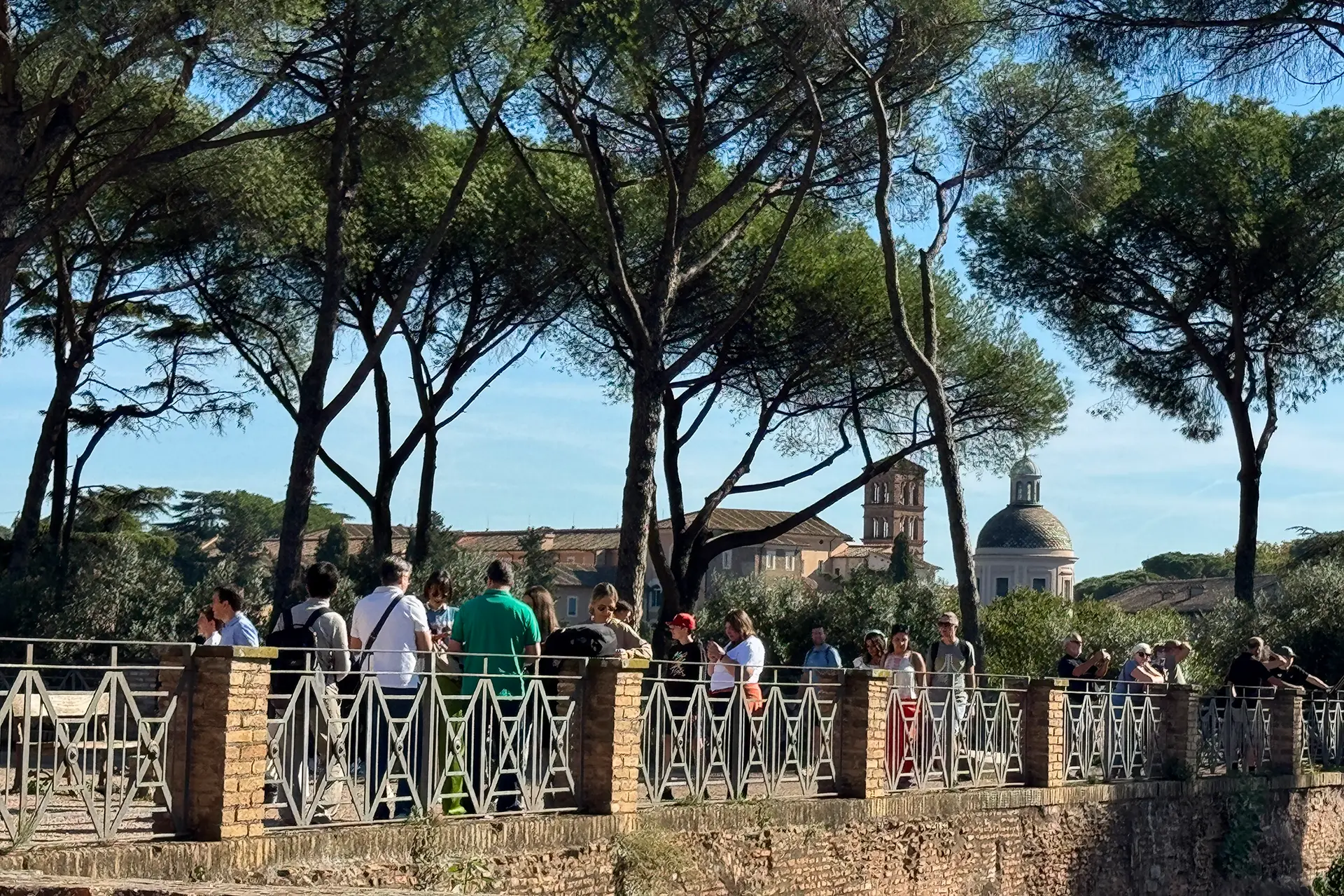 Visitors enjoying the panoramic terrace view on the Palatine Hill