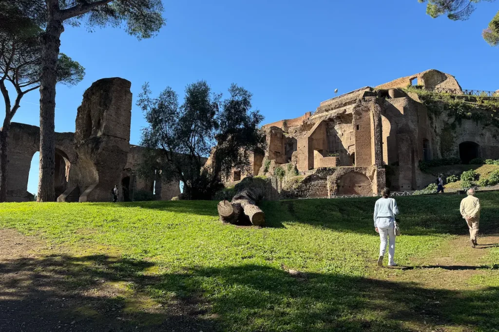 Ancient ruins and green landscape on the Palatine Hill in Rome