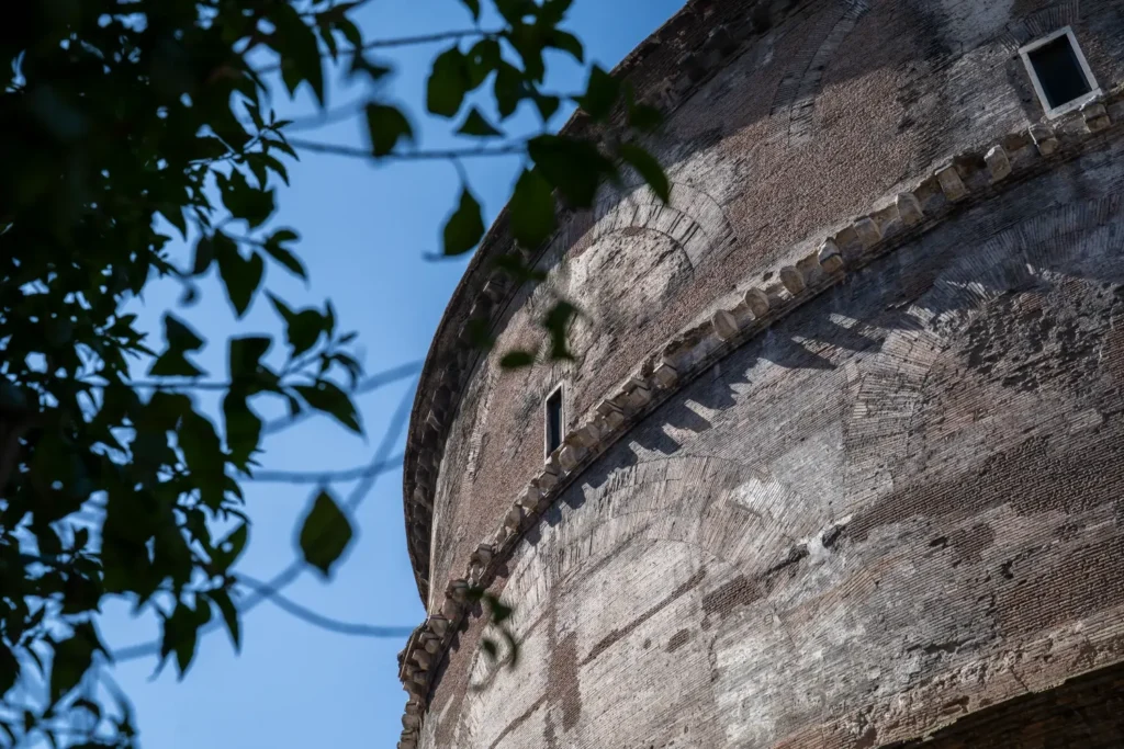 Exterior brick dome and ancient architecture of the Pantheon in Rome