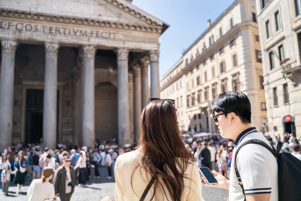 Tourists exploring Piazza della Rotonda near the Pantheon during a guided tour